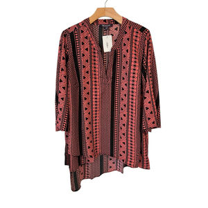 Roaman's Top Womens 18W Salmon Black Tunic Layered Asymmetric V Neck Peasant NWT